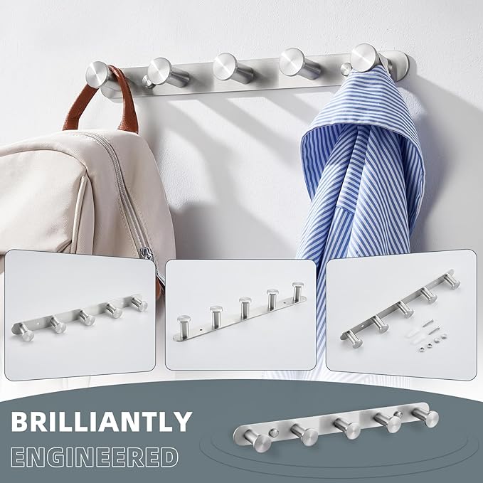 Angle Simple Towel Hook Rack with 5 Hooks, SUS304 Stainless Steel Bathroom Robe Coat Hook Rail, Towel Holder Wall Mounted, Brushed Nickel