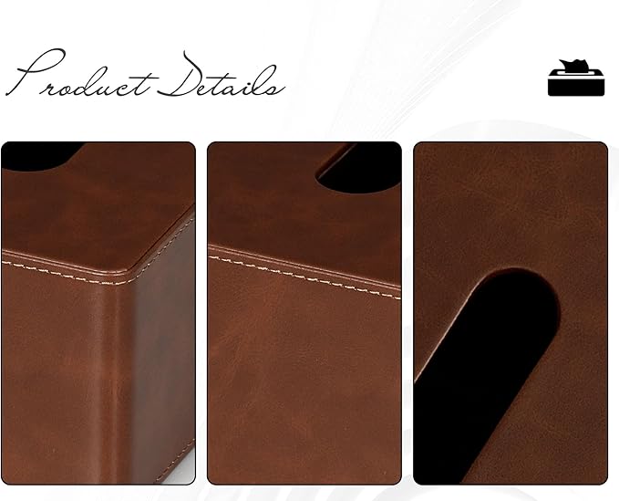 Tissue Box Cover Square PU Leather Facial Tissue Box Holder for Dresser Bathroom Decor (Brown)