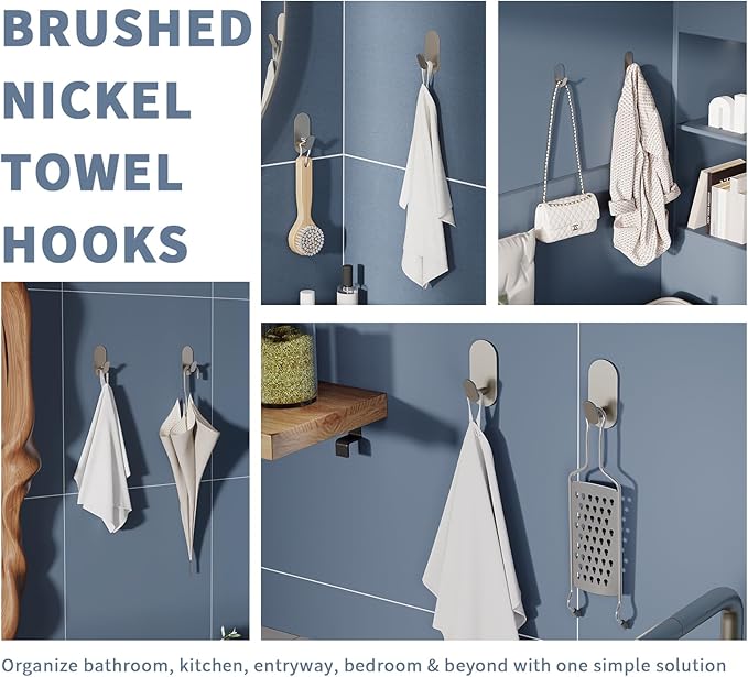 Adhesive Towel Hooks for Bathrooms 2 Pack Brushed Nickel Stainless Steel and Zinc Alloy Sticky Wall Hooks for Hanging Heavy Duty Self Adhesive Robe Shower Hanger for Kitchen, Closet, Cabinet, Door