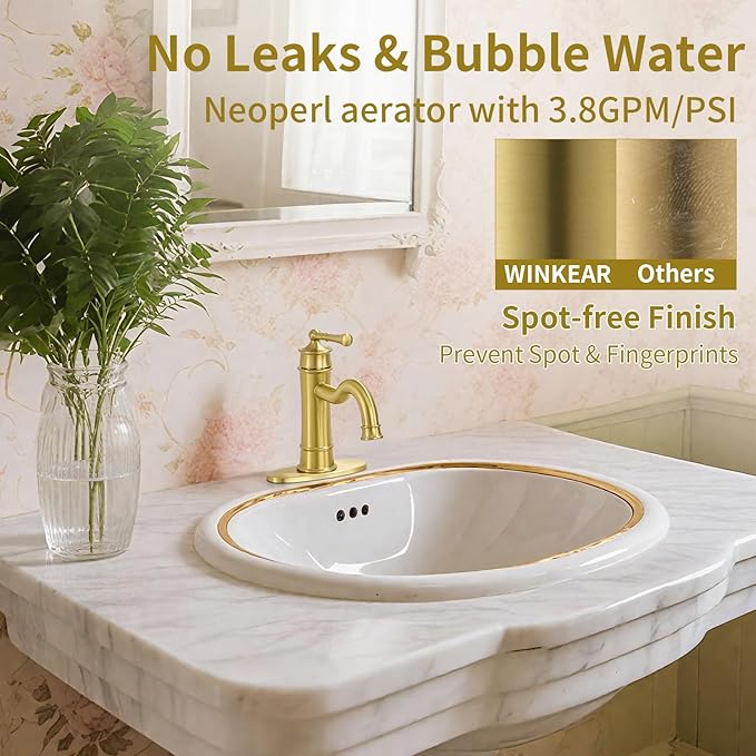 Roman Bathroom Sink Faucet Single Hole Deck-Mount Pop-up Drain Assembly with Overflow Deck Plate and Water Supply Lines Included (Vanity Sink Faucet, Light Gold)