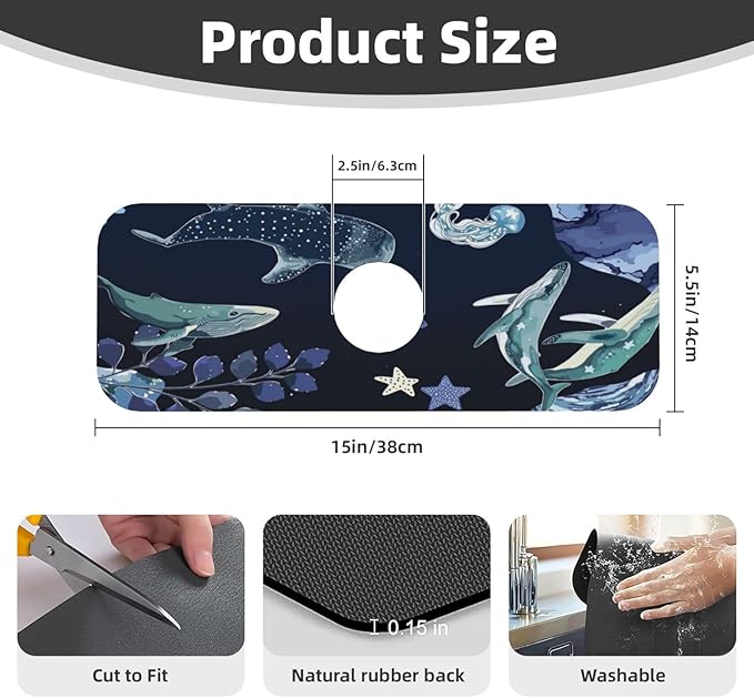 Whale Ocean Starfish 15" X 5.5" Kitchen Sink Splash Guard, Faucet Guard Draining Mat, Faucet Suction Pad For Kitchen Bathroom