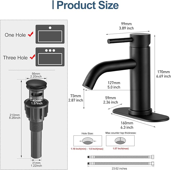 Black Bathroom Faucets, Single Hole Bathroom Sink Faucet Modern Single Handle Mixer Tap Washbasin Vanity Sink Faucet 1 Hole with 3 Hole Deck Plate, Pop Up Drain