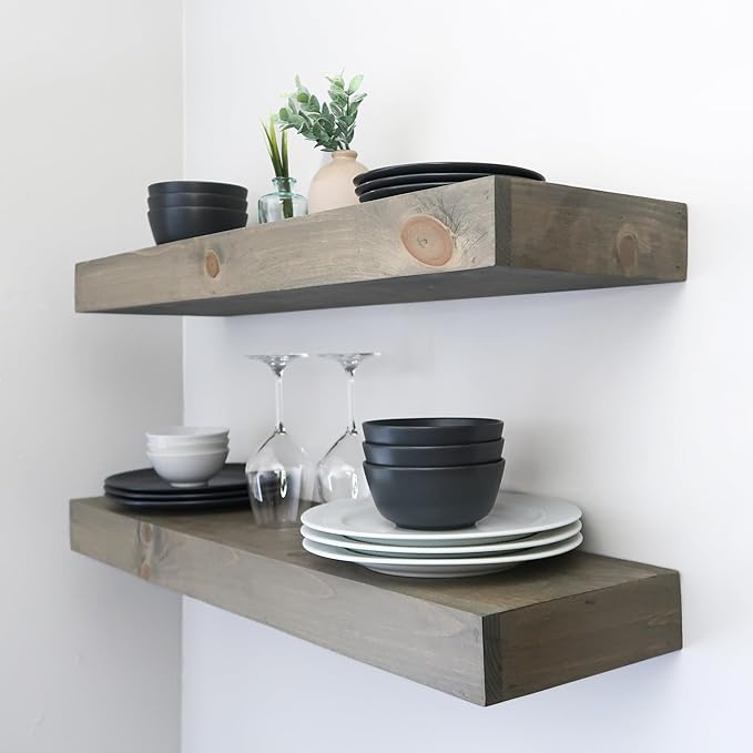 Urbandi Modern Floating Shelves 3 Inches Thick for Wall, Wide Shelves for Kitchen, Living Room, Bedroom, and Bathroom, Natural Pine Wood, Rustic Wooden Shelf, (Set of 2) (Aged Barrel, 36Lx3Hx6D)