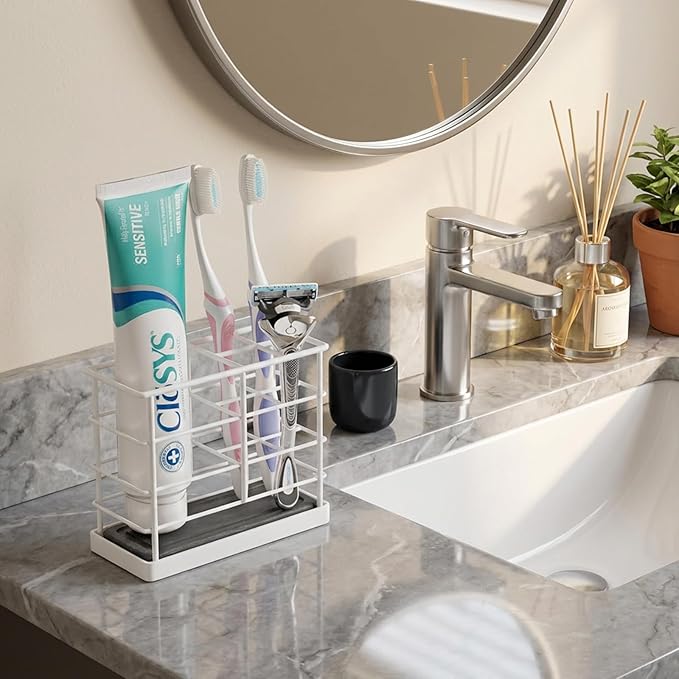 Toothbrush Holders, Bathroom Organizers and Storage with Instant Drying Stone, Bathroom Accessories Toothpaste Holders, Bathroom Counter Organizer, White