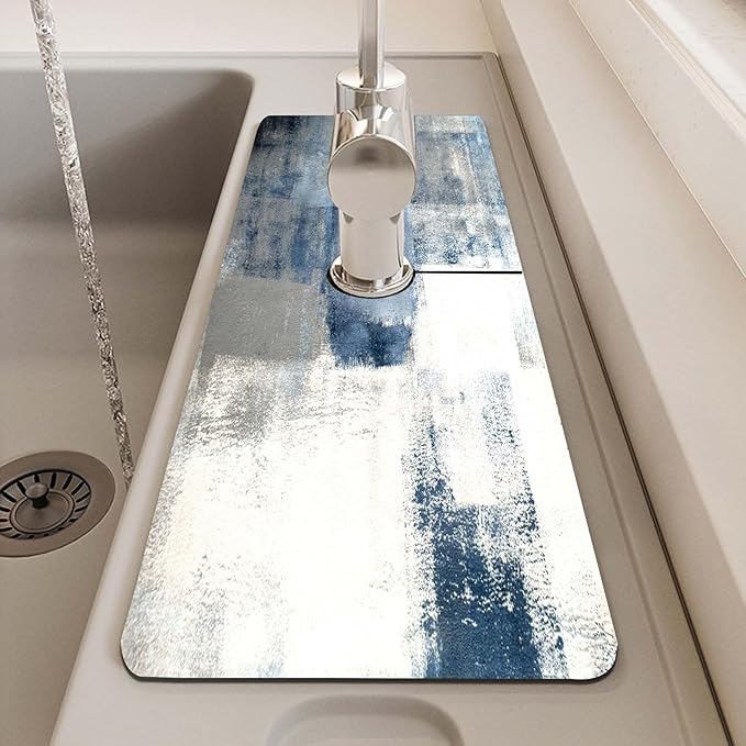 MCALK Blue Kitchen Sink Faucet Mat Splash Guard, Absorbent Quick-Dry Kitchen Sink Mat - Ideal for Splash Guard & Drip Catching with Abstract Art Decor( 1pc 15"x5.5")