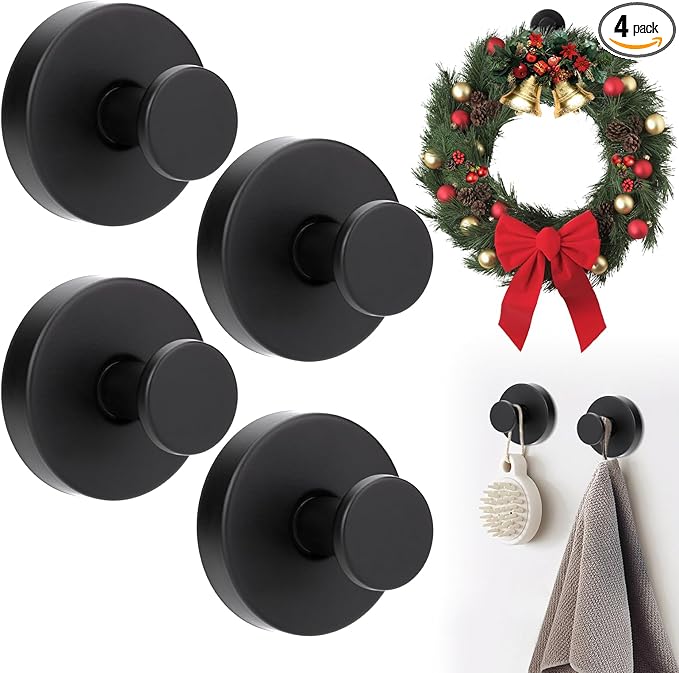 4Pcs Suction Cup Hooks for Wreaths, Shower Suction Cup Hooks, Strong Suction Cup Hanger for Front Door, No-Drill & Removable Holders for Window Glass, Bathroom, Kitchen Mirror, Wall (Black)