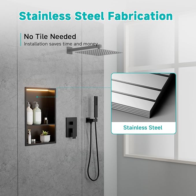 12" x 18" Stainless Steel Shower Niche with LED Lights – Recessed 2-Tier Shower Shelf, 12"x12" Upper & 12"x6" Lower Storage, Modern Bathroom Wall Niche (Black)