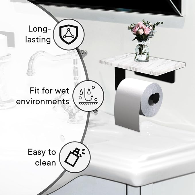 Toilet Paper Holder with Natural Marble Shelf for Bathroom Washroom,Wall Mounted Tissue Holder Suitable for Mega Rol(Middle 7.87 * 4.72 in, Matte Black)