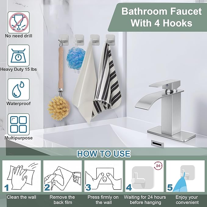 Waterfall Bathroom Faucet 3 Hole, Homikit 18/10 Stainless Steel Brushed Nickel Single Handle Bathroom Sink Faucets Set for Sink 1 or 3 Hole for RV Vanity with Drain, Hooks, Deck Plate, Hoses