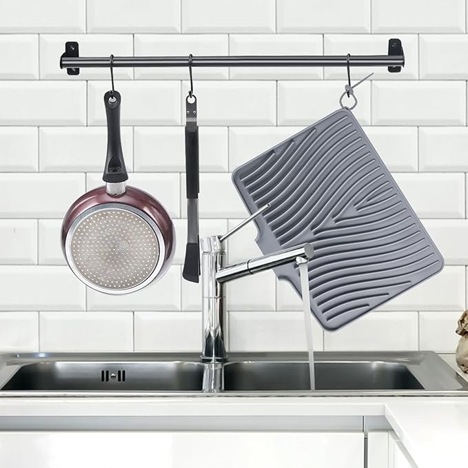Silicone Dish Drying Mat for Kitchen Counter, Dish Drying Pad, Non-Slip Drain Pad with Built-in Drain, Heat Resistant Stone Drying Mat(16" x 12", Grey)