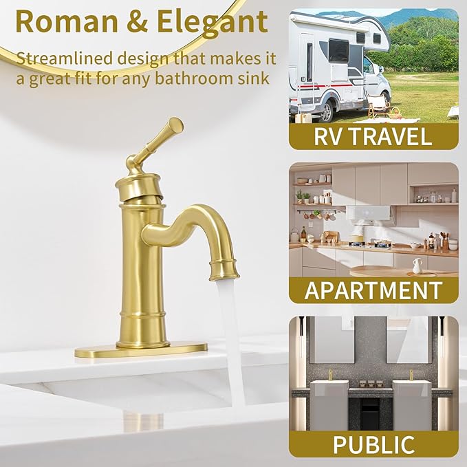 Roman Bathroom Sink Faucet Single Hole Deck-Mount Pop-up Drain Assembly with Overflow Deck Plate and Water Supply Lines Included (Vanity Sink Faucet, Light Gold)