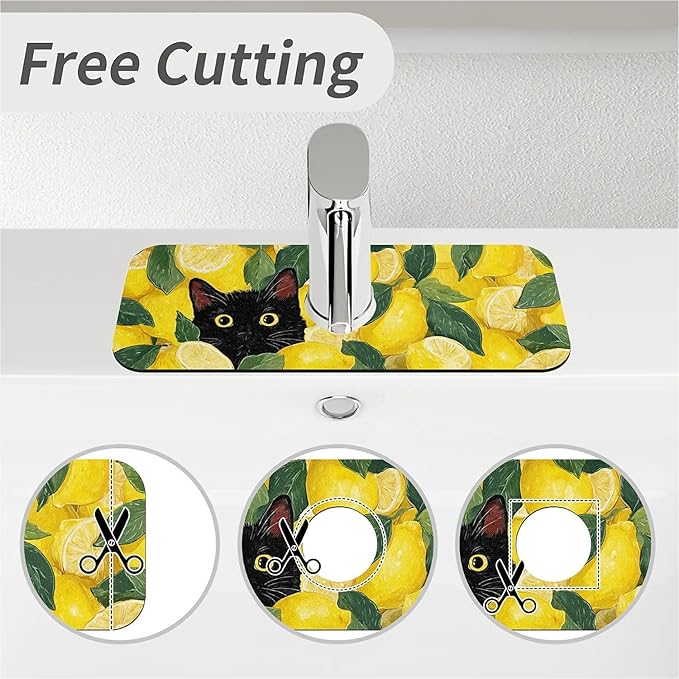 Kitchen Sink Splash Guard，Lemons and Cat Faucet Mat Sink Gadgets-Super Absorbent Fast Drying Mat Drip Catcher for Kitchen, Bathroom,Sink Mat, Dish Drying Mat, Bathroom(15" X 5.5" )