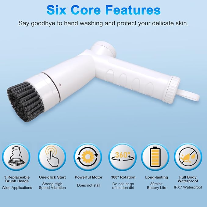 Electric Cleaning Brush, Cordless Spin Scrubber with 3 Repalceable Brush Head, for Cleaning Kitchen Stove, Sink, Dishes, Cups, Bottles, Floors, IPX7 Water Proof (2500mAh)