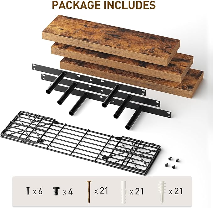 Floating Shelves for Wall, 23.6" Wall Mounted Shelves Set of 3, 1.5" Thick Hanging Shelf Storage, Farmhouse Decor for Bathroom, Toilet, Bedroom, Living Room, Kitchen, Rustic Brown 6001BJBF