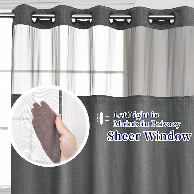 No Hooks Required Long Waffle Weave Shower Curtain with Snap in Liner-Hotel Grade Waterproof & Mesh Top Window Spa Like Bath Curtain Machine Washable Heavy Duty 71''W x 86''H Grey