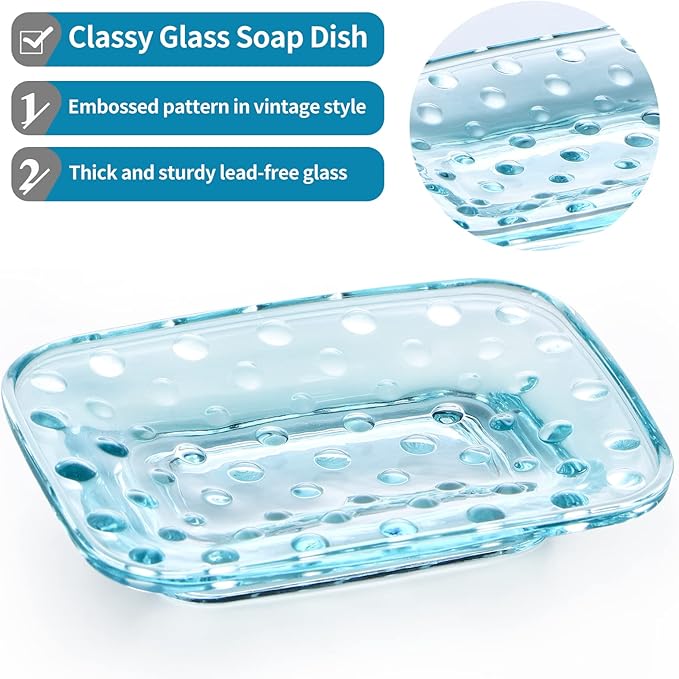 MDLUU 2-Pack Glass Bar Soap Dish, Embossed Bar Soap Holder, Decorative Soap Saver Tray for Shower, Bathtub, Bathroom Sink, Kitchen Sink (Square)
