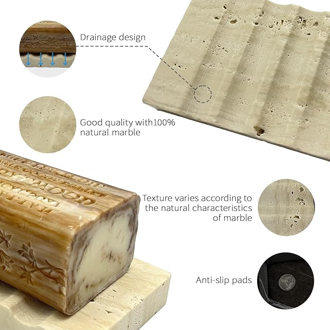 Real Travertine Marble Soap Dish for Shower Stone Tray Small Bar Soap Holder with Self Draining | Non-Slip, Luxury Bath Room Accessories (Beige)