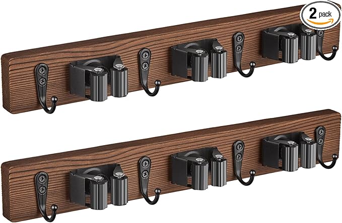 2 Pack Mop Broom Holder Wall Mount with 3 Slots & 4 Hooks - Rustic Wood Broom Mop Hanger for Pantry Kitchen Organization - Garden Tool Organizer for Closet Laundry Room