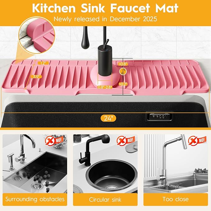24" Silicone Faucet Mat for Kitchen Sink Released in 2026,8° Slope Fast Self-draining-Kitchen Sink Splash Guard,Bathroom Kitchen Sink Area Water Splash Guard Behind Faucet Draining Mat(Pink)