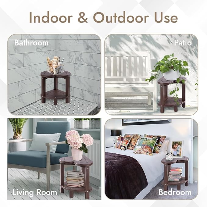 UHA Corner Shower Stool for Inside Shower - Waterproof Corner Shower Bench, HDPE Plastic Bathroom Bench, Adjustable Height Corner Chair for Shaving Legs,Storage Shelf,Non-Slip Feet， Coffee