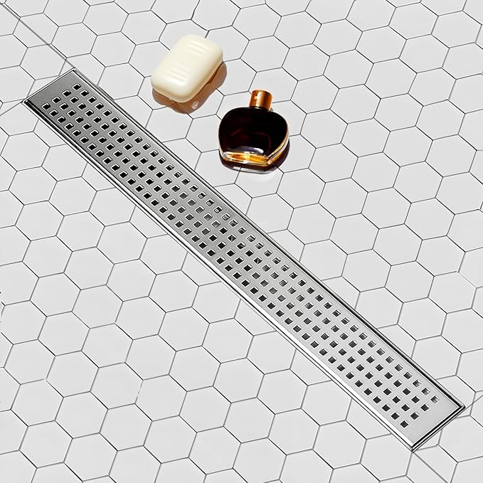 SaniteModar Linear Shower Drain, 72 inch Shower Drain with Removable Square Hole Panel by Using Brushed 304 Stainless Steel Process, Linear Drain Equipped with Adjustable Feet and Hair Strainer