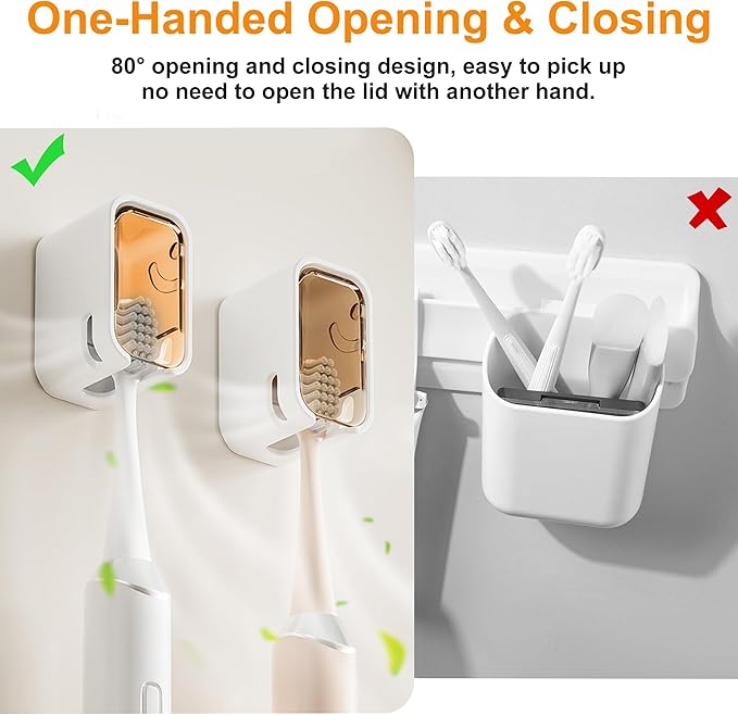 2 Pcs Toothbrush Holders for Bathroom【Upgrade Single Slot Design】 Toothbrush Holder Wall Mounted with Cover, Self-Adhesive Tooth Brush Storage Organizer for Family and Travel(2, Brown)