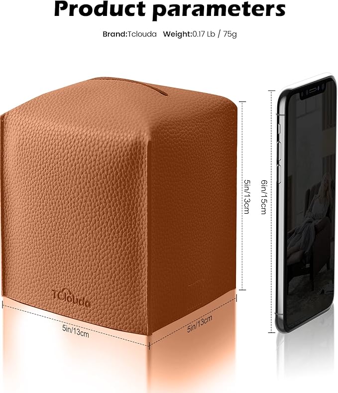 Tissue Box Cover for PU Leather, Modern Simple Solid Color Holder Square Tissue Bag, Ideal for Bathrooms,Office,Car,Nightstand,Outdoor Tent,Dining Table,5"X5"X5", Double Camel