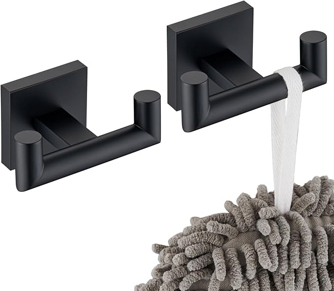 KOKOSIRI Robe Hook Bathroom Double Towel Coat Hooks Matte Black for Bath Kitchen Wall Mounted, 2 Pack Stainless Steel B1015BK-P2