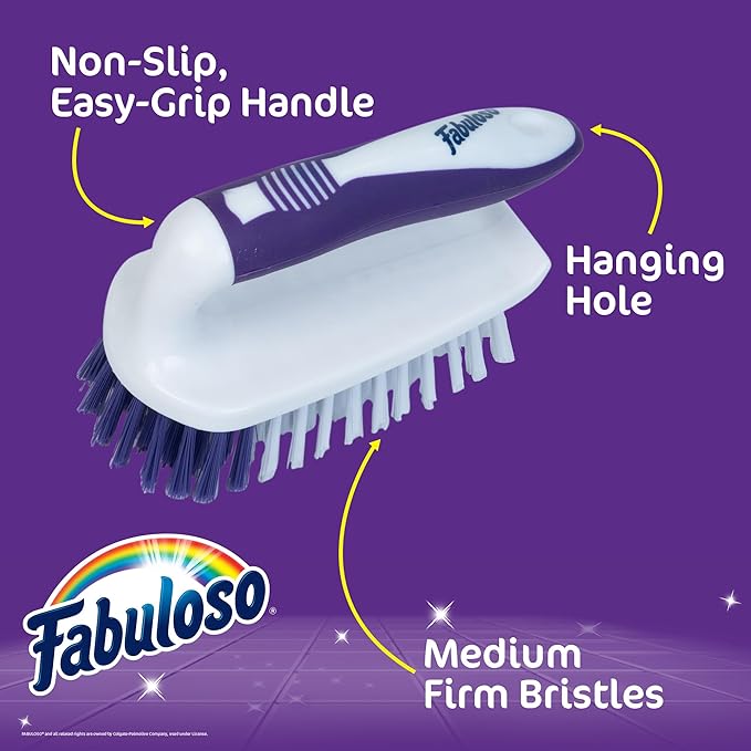 Fabuloso Cleaning Brush with Handle, Compact Handheld Household Scrub Brush for Kitchen, Bathroom, Baseboards, Tile and Floors, Firm Bristles for Indoor Surface Cleaning, White and Purple, 5.5 Inch