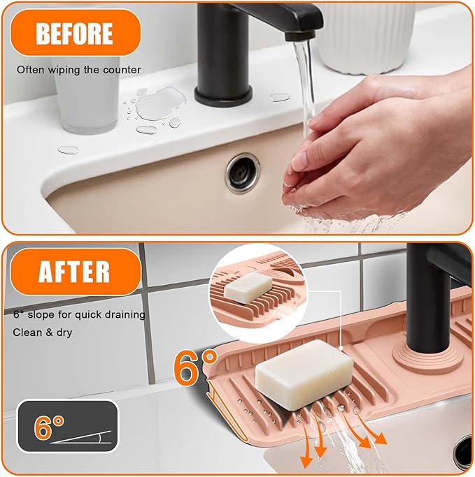 Pink Button Style Faucet Drip Catcher – Silicone Faucet Mat for Kitchen Sink, Leak-Proof Splash Guard with 6° Slope | Behind Faucet Draining Mat Easy Gadgets for Bathroom Kitchen Countertops17.7"