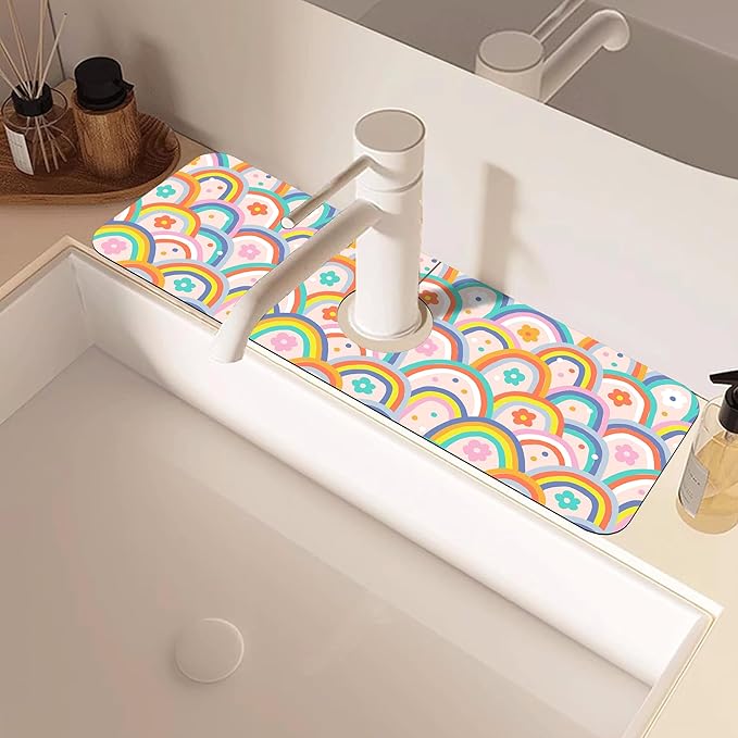 Boho Rainbow Hippie Floral Kitchen Sink Splash Guard Mat Absorbent Fast Drying Mat Faucet Draining Mat Sink Splash Guard Behind Faucet Drip Catcher for Kitchen Bathroom 5.5"×15"