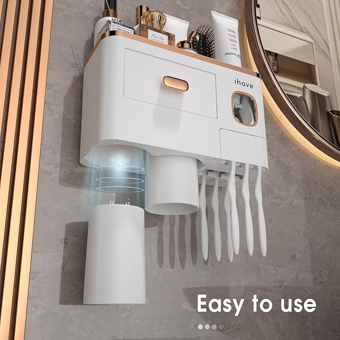 iHave Toothbrush Holders Wall Mounted with Toothpaste Dispenser & 2 Cups - Premium White and Gold Design for Bathroom Decor, All-in-One Bathroom Organizers & Storage for Toothbrushes and Accessories