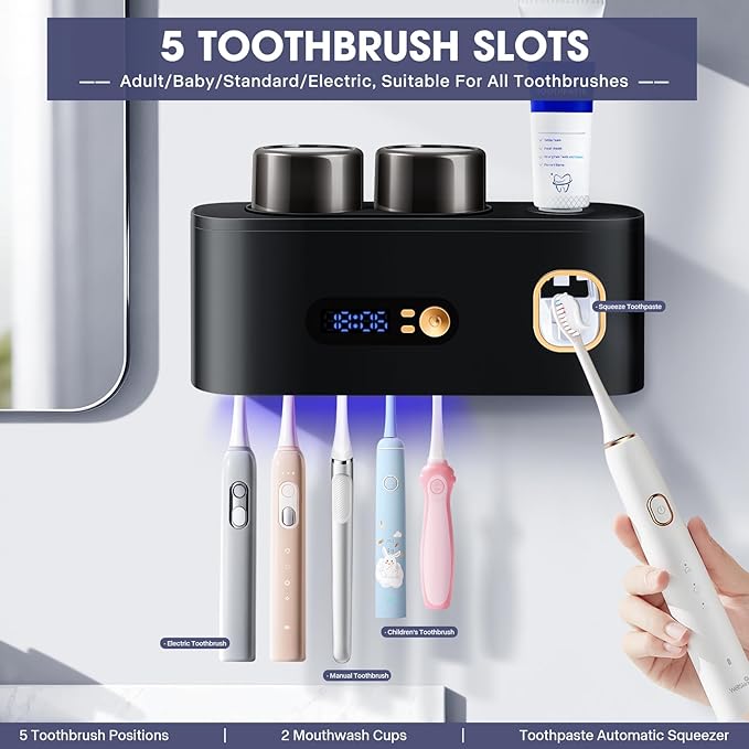 Toothbrush Holders Cleaner & Dryer for Bathroom,LXIANGN Smart Wall Mounted Toothbrush Holders with Countdown LED Screen,5 Toothbrush Slots,2 Cups and Toothpaste Dispenser (Black)