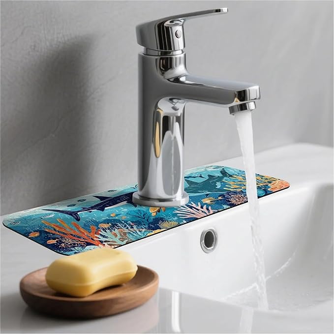 Kitchen Sink Splash Guard，Underwater world Faucet Mat Sink Gadgets-Super Absorbent Fast Drying Mat Drip Catcher for Kitchen, Bathroom,Sink Mat, Dish Drying Mat, Bathroom(15" X 5.5" )