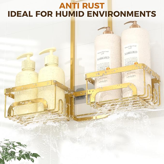 REINHARDT Shower Caddy Hanging for Handheld Showerheads Adjustable Split Shower Caddy, Rustproof Shower Organizer with Hooks for Razors Over the Head Caddy with Soap Holder Bathroom Accessories, Gold