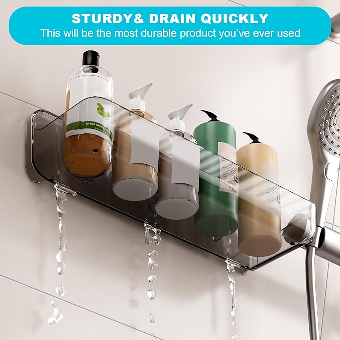 CGBE 2-Pack Acrylic Shower Shelves, Large Capacity Adhesive Shower Shelf, No Drilling Adhesive Bathroom Shelf with Drain Holes,Clear Wall Mount Organizer for Bathroom Storage