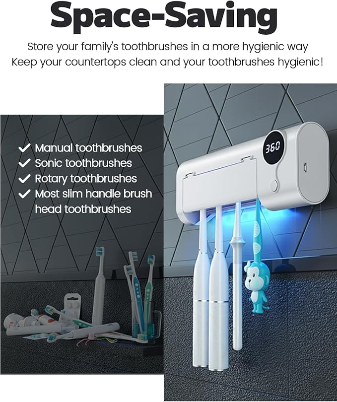 MIMORE Toothbrush Holder, 4 Toothbrush Slots & Timer Function, Cordless Wall Mounted Toothbrush Holders for Bathrooms
