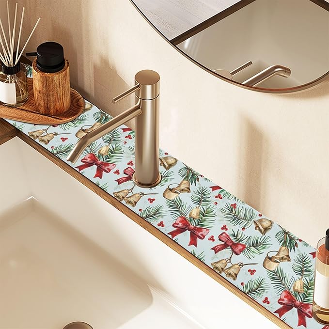 Bows Holly Bell Beige Gingerbread Snowflakes Kitchen Sink Splash Guard Sink Faucet Mat Faucet Handle Drip Catcher Drain Mats for Kitchen Bathroom Countertop Absorbent Dish Drying Pad 2Pack 30