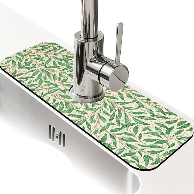 Kitchen Sink Splash Guard，Willow leaves Faucet Mat Sink Gadgets-Super Absorbent Fast Drying Mat Drip Catcher for Kitchen, Bathroom,Sink Mat, Dish Drying Mat, Bathroom(15" X 5.5" )