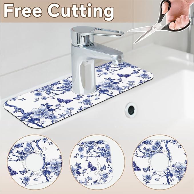 Blue Floral Sink Faucet Mat, Absorbent Elegant Chinese Style Kitchen Faucet Mat, Sink Splash Guard, for Bathroom Kitchen Sink Splash Guard Drying Mat 15.4"x5.7"