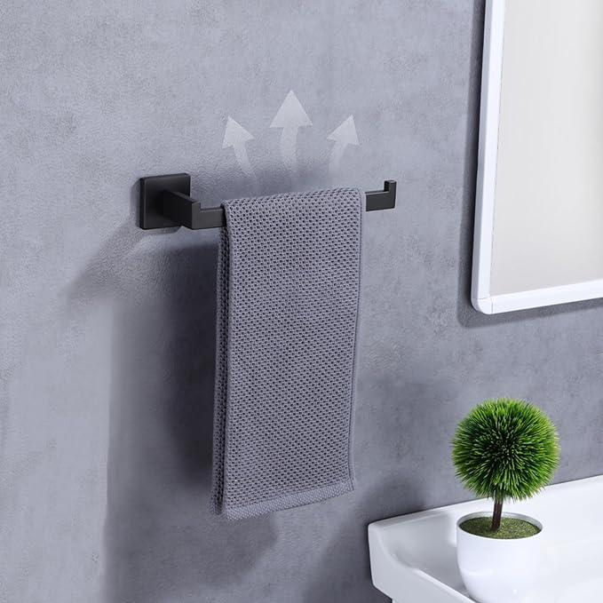 LANC Bathroom Hand Towel Holder Matte Black Hand Towel Bar 10 Inche Right Side Square Towel Ring for Kitchen Cabinet Toilet Door Wall Mount Stainless Steel Modern Towel Racks Hanger, A8806MB