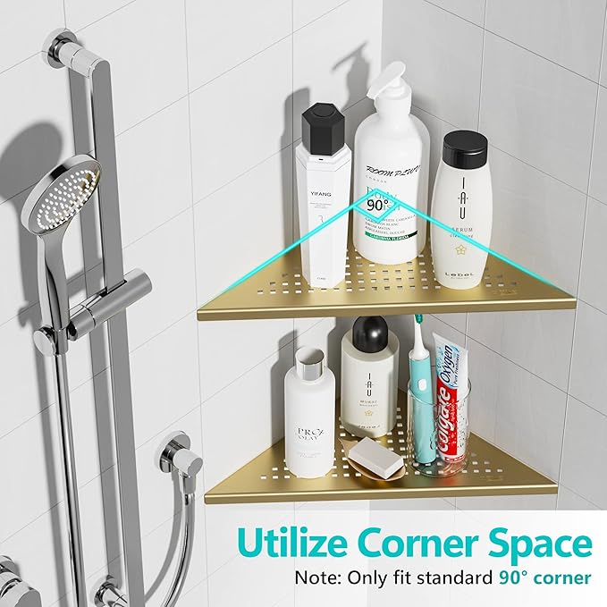 2 Pack Bathroom Corner Shelf, Recessed 12" Corner Shower Shelf, SUS304 Stainless Steel Triangular Wall Mount, No Drilling, Brushed Golden