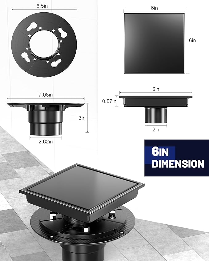 6 Inch Square Shower Drain with Flange Reversible 2-in-1 Cover Tile Insert Grate SUS 304 Stainless Steel, Hair Catcher, Anti-Clog, Rust-Resistant, Fast Drainage (Black)