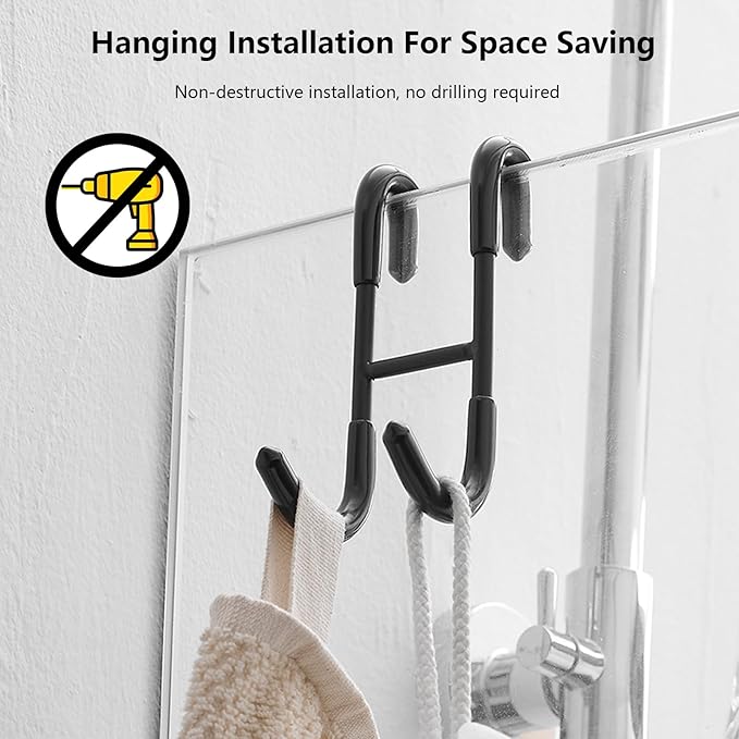 Shower Door Hooks (2-Pack), 304 Stainless Steel Towel Hooks,Over Door Hooks for Bathroom,Drilling-Free Hanger Matte Black Shower Hooks