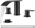 FORIOUS Upgrade Matte Black Bathroom Faucets 3 Hole, Waterfall 8 Inch Widespread Bathroom Sink Faucet with Pop-up Drain and Supply Lines, Two Handles for Vanity, Farmhouse, School Sink
