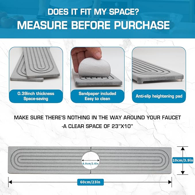 Light Gray-Rectangle 23.6" Diatomite Faucet Mat Fast-Drying Stone Sink Tray Splash Guard for Kitchen&Bathroom Sink|Ultra Absorbent Countertop Protector with Smoothing Tool Multiple