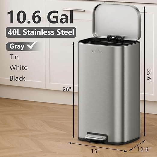 mVm 10.6 Gal Kitchen Trash Can, Step Trash Can with Lid, Smooth Edge Garbage Bin for Home Office (Gray)