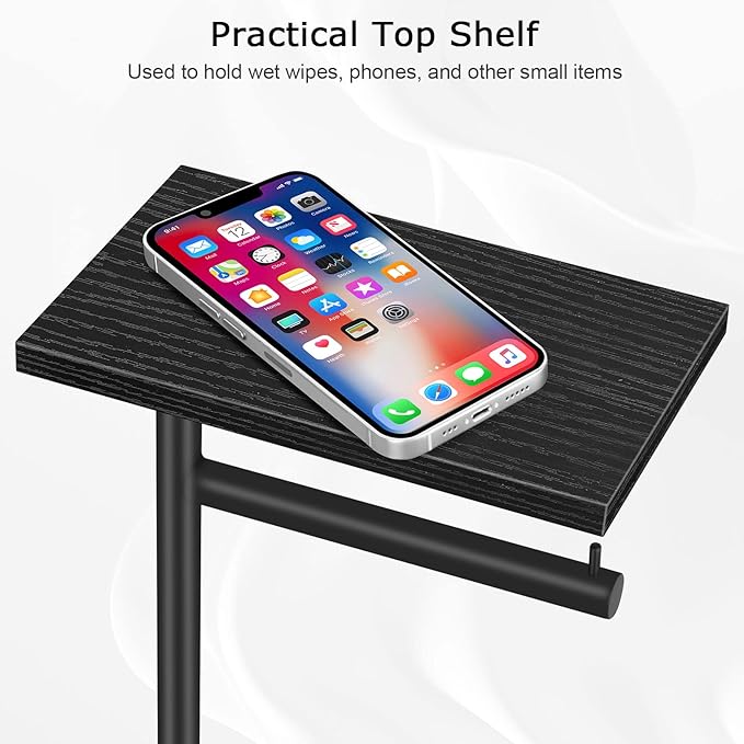 Black Toilet Paper Holder Stand Free Standing Toilet Paper Holder with Shelf Toilet Paper Storage Holder with Reserve for Bathroom Holds Wipe, Mobile Phone, Mega Rolls