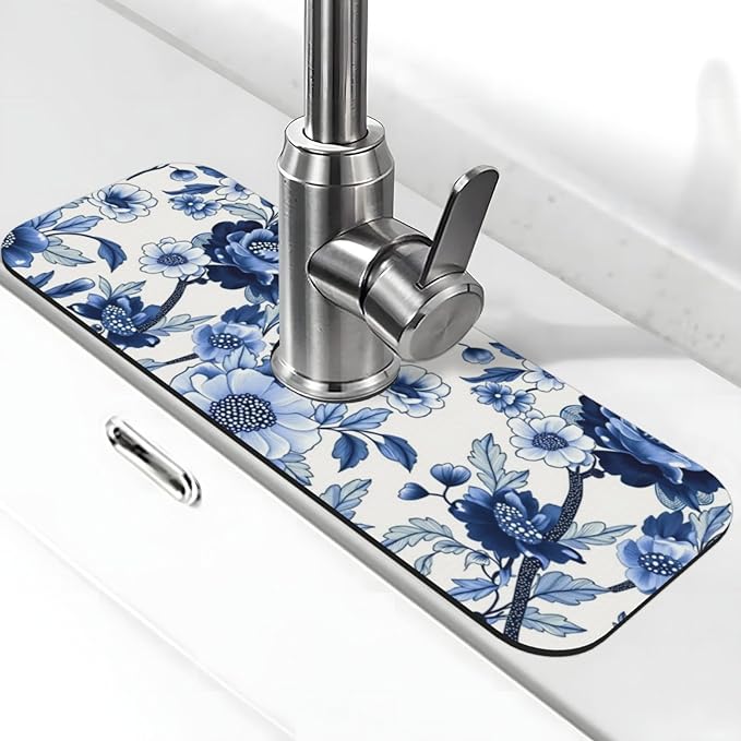 Blue Floral 15" X 5.5" Kitchen Sink Splash Guard, Faucet Guard Draining Mat, Faucet Suction Pad For Kitchen Bathroom