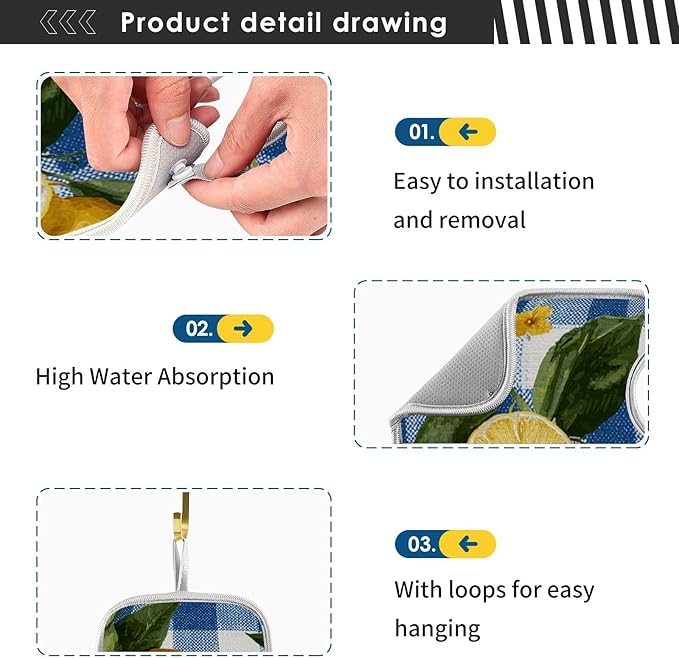 Sink Faucet Absorbing Mat Kitchen Sink Splash Guard Splash Faucet Drip Catcher for Bar RV Bathroom 2PCS 14.9x5.5in Blue and White Gingham Summer Lemons